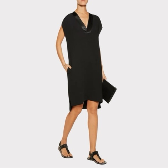 Vince Crepe Satin Trim Black Sleeveless High Low Shift Dress V3108-50564 EUC XS - Picture 1 of 11
